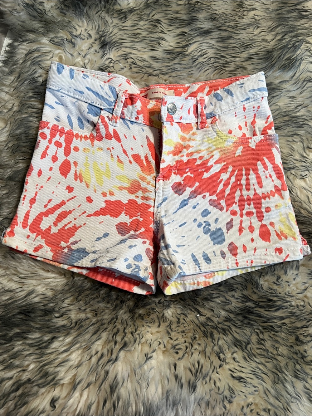Tie-Dye Cotton Blend Girls Shorts - Coral, Yellow & Blue Levi